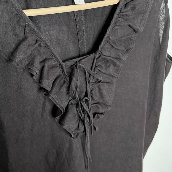 Garnet Hill Womens Sleeveless Linen Shift Dress S Brown V Neck Ruffle Oversized - Picture 4 of 9